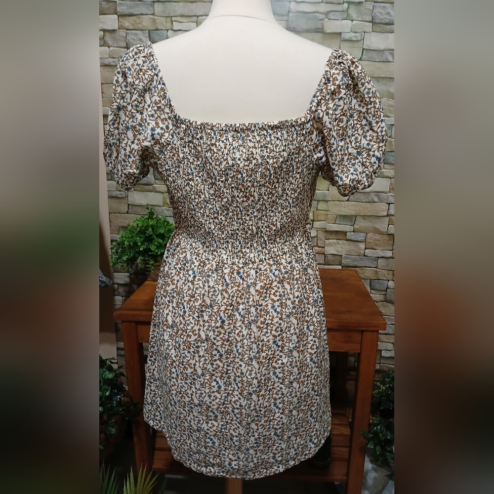 Jessica Simpson Brown Tan Floral Puff Sleeve Mini Sundress XL - Picture 3 of 5